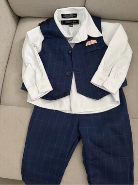 Andrew Fezza Navy Windowpane Vest & Pants Set with White Shirt